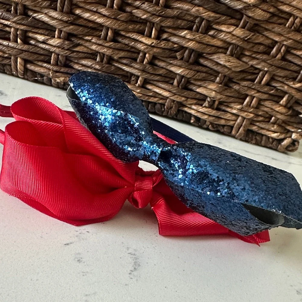 Set of 2 Red and Blue Glitter Bow Headbands